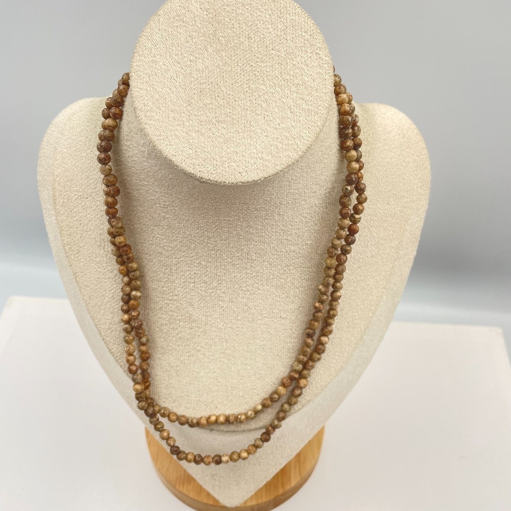 Vtg Natural Picture Jasper Bead Necklace Long Tan Brown Earth Tone Stone Strand